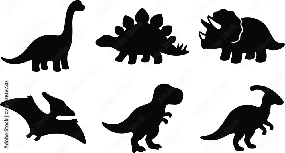 Fototapeta premium Black silhouette vector art of six different dinosaur shapes on white