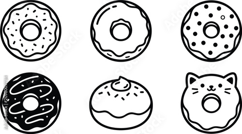 Black and white cute donuts and cat shaped donut line art vector