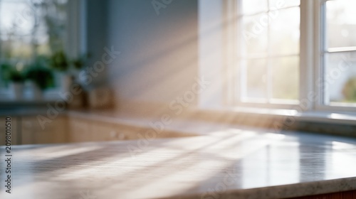 Bright kitchen countertop with sunlight streaming through windows, showcasing a clean and modern design, with soft shadows and reflections on the surface, creating a warm and inviting atmosphere