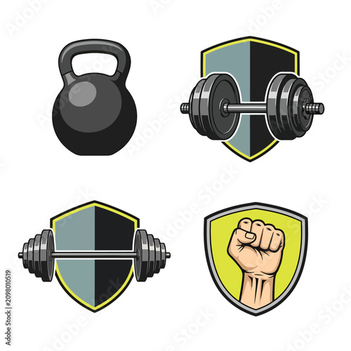 Set of gym and fitness icons featuring kettlebell barbell and clenched fist symbols.