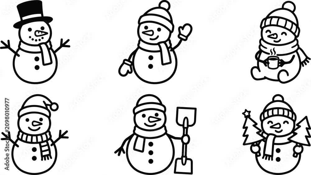 Fototapeta premium Six cute winter snowmen with hats and scarves