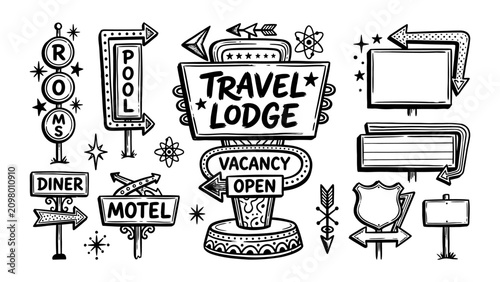 Canvastavla Retro midcentury roadside motel and diner signs vector illustration set with tra