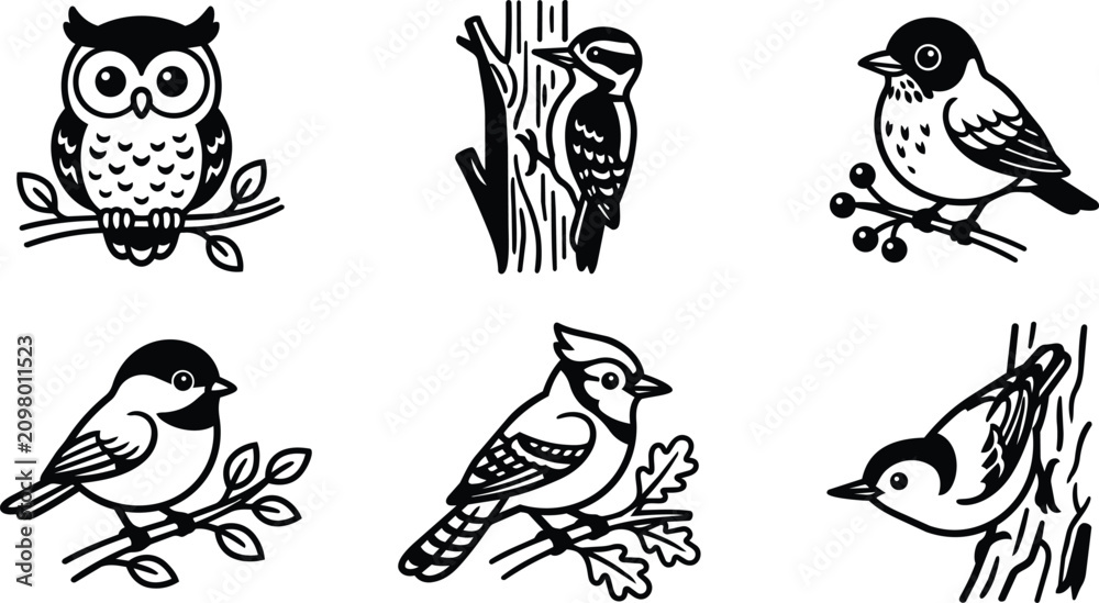 Fototapeta premium Six different forest birds perched on branches and tree trunks