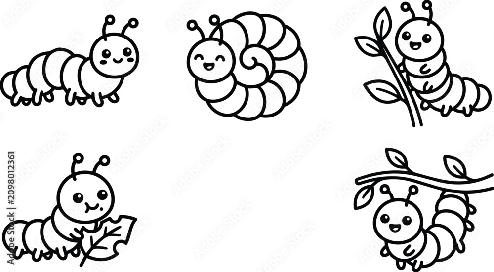 Fototapeta premium Cute cartoon caterpillars in different poses with leaves and branches vector art line drawing