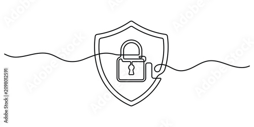 Security shield with padlock drawn in a single line art style