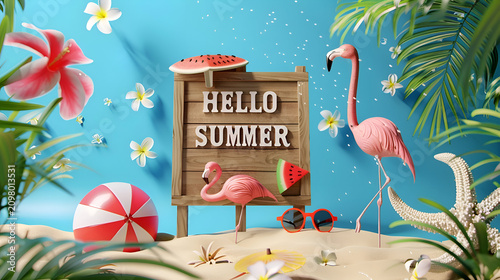 Tropical summer scene with flamingos, flowers, and hello summer sign on beach