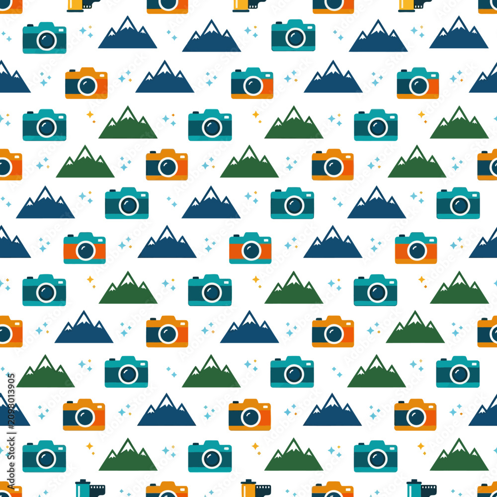 Obraz premium Seamless pattern of colorful cameras and mountains, flat graphic design