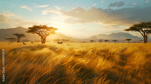 Sunlit african savannah landscape with acacia trees at sunset