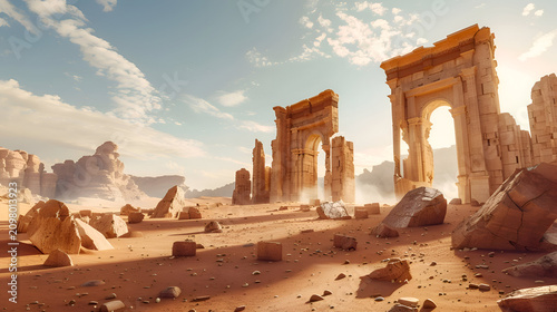 Ancient ruins in desert landscape with majestic arches and rocky terrain