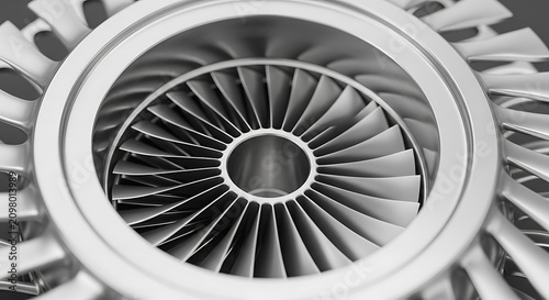 Close up view of abstract silver metallic industrial turbine engine components