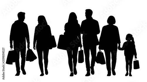Family walking together holding shopping bags isolated on transparent background