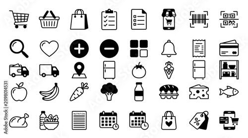 Grocery List App Interface Black and White Vector Icon Set Featuring Food Shopping Cart Healthy Eating and Digital Shopping Symbols