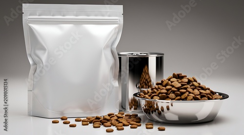 Pet Food Packaging and Ingredients Displayed Together.