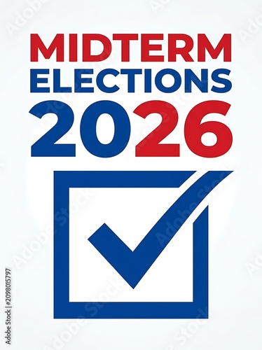 Midterm elections 2026 campaign vote checkmark. Future US political voting event with approval symbol for democracy and government.