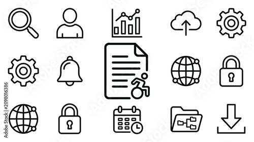 Tableau sur toile Elegant Black and White Line Icons Set Featuring Accessibility Security Technolo