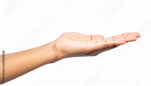 An outstretched female hand gesturing with an open, empty palm facing upward as if presenting or offering an invisible gift, isolated on white.