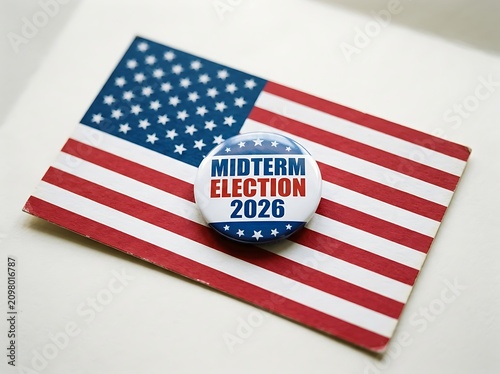 Midterm election campaign button on American flag. Patriotic 2020 US voting badge for political events and rallies.