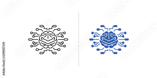 Blue circuit brain with connections on white background representing artificial intelligence and neural networks
