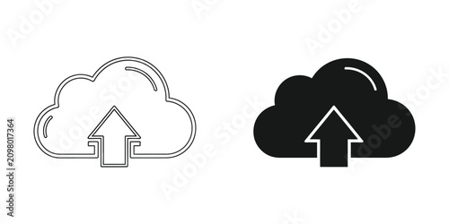 Cloud upload icon line art and solid fill contrasted against white background symbolizing data transfer and digital storage solutions