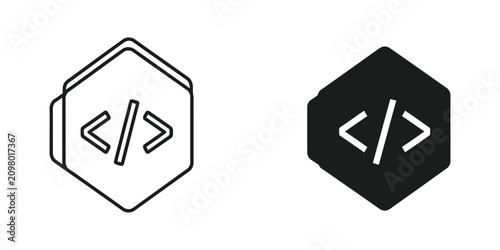 Code brackets inside a hexagon outline and solid black shape with clean lighting on a white background