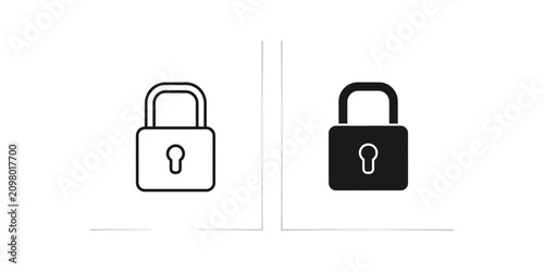 Two Padlock Icons Outline and Filled Contrasting on White Background Representing Security and Protection Concepts