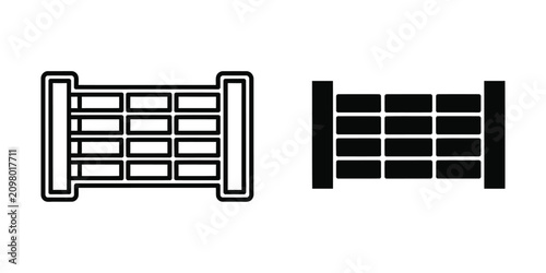 Two stylized representations of a stacked cargo container or storage unit in outline and solid black