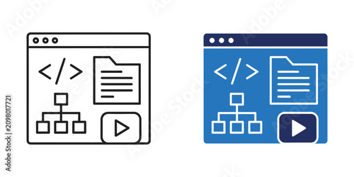 Web development interface with code symbols and flowchart during digital learning concept on white background