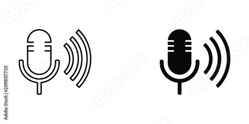 Vintage microphone with sound waves in outline and solid black styles