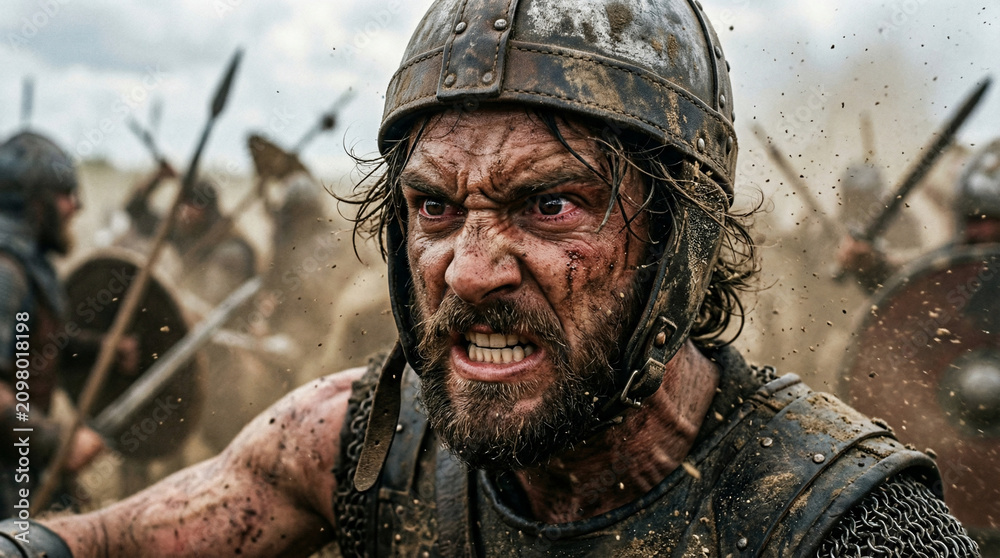 Fototapeta premium Fierce Warrior's Rage: A close-up of a battle-hardened warrior, face contorted in a primal scream, eyes blazing with fury amidst a chaotic battlefield.