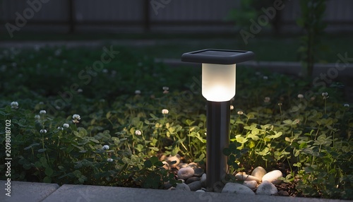 Minimalist Solar-Powered Outdoor Lamp Glowing Softly in a Garden Bed Filled with Smooth River Pebbles Representing Sustainable Landscaping, Eco-Friendly Lighting, and Modern Backyard Aesthetics