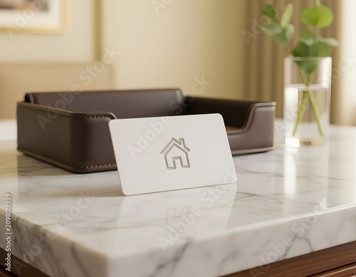 Modern Electronic Key Card with a Minimalist House Icon Emblem Resting on a Polished Wood Hotel Room Nightstand Representing Smart Access, Luxury Hospitality, and Secure Accommodation Concept