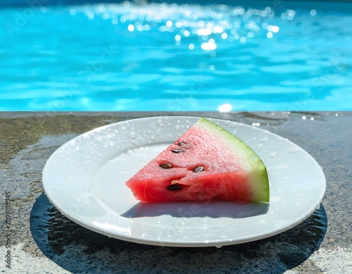 Single White Ceramic Plate Holding a Juicy Red Watermelon Slice Resting on a Wet Cooling Mat Representing Refreshing Summer Treats, Hydration, and Picnic Relaxation Concept