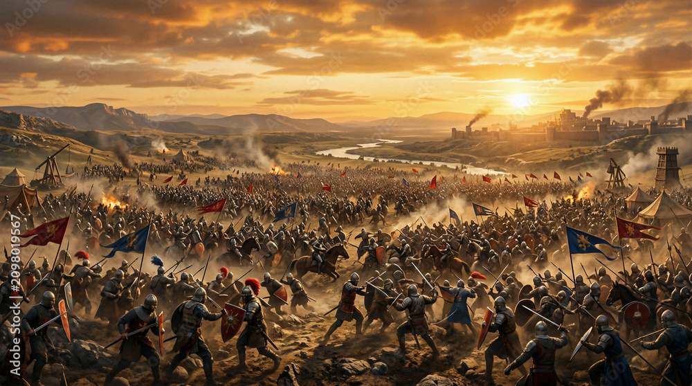 Fototapeta premium Epic Medieval Battle: A vast army clashes on a dusty plain beneath a dramatic sunset, with banners flying, swords drawn, and smoke rising from distant siege engines.