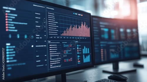 Close-up of monitors displaying complex financial data charts and analytical dashboards, shallow depth of field, sleek office environment, Data Analytics, Fintech