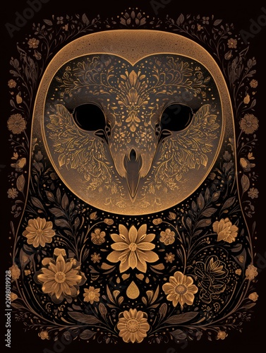 Dark illustration shows a barn owl skull combined with floral elements inspired by Day of the Dead, featuring dark colors and patterns.