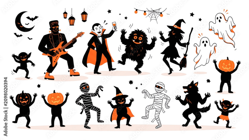 Obraz premium Halloween Monster Party Silhouette Dancing Ghost Vampire Vector Character Collection