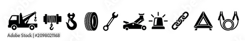 Vehicle assistance tools and emergency equipment icons representing roadside repair, towing, and breakdown services in a modern flat design.