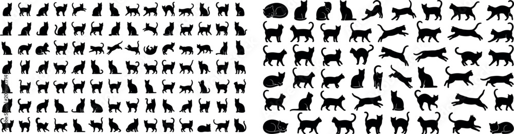 Fototapeta premium Spooky black cats collection for halloween day silhouettes vector graphics