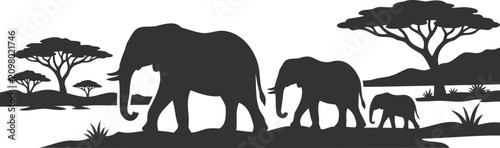Canvas Print Family of elephants walking in the African savanna in a silhouette vector art