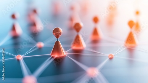 Macro shot of glowing copper game pieces connected by nodes on a dark surface, symbolizing abstract network connectivity and leadership, connectivity, network