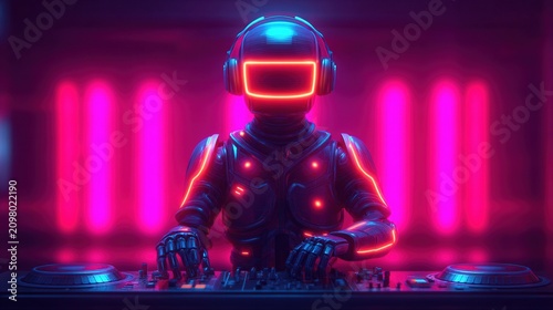 A futuristic DJ wearing a neon-lit helmet and suit performs with a glowing turntable in a vibrant, cyberpunk-style setting.