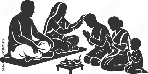 Schilderij op canvas Indian family performing traditional blessings ceremony silhouette vector