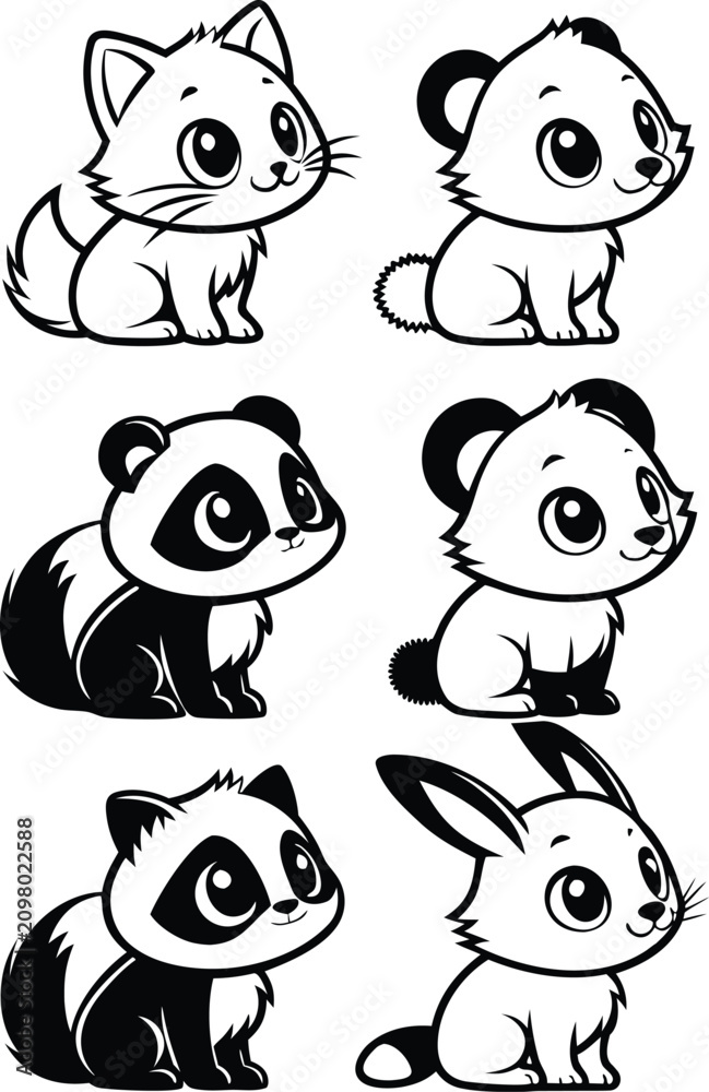 Obraz premium Black and white cartoon animal illustrations of a fox pandas and a rabbit