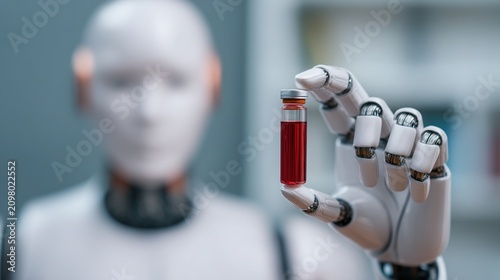 A humanoid robot holds a small vial filled with red liquid, symbolizing advanced technology and artificial intelligence in medical or scientific research.