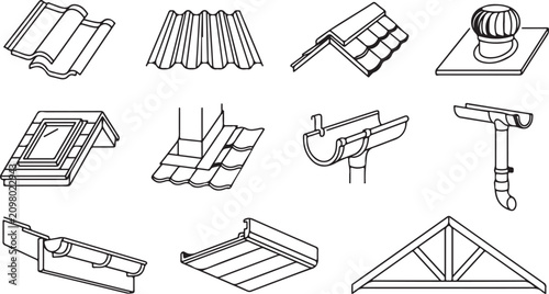 Tableau sur toile Roofing elements and gutter system line art black and white illustration set