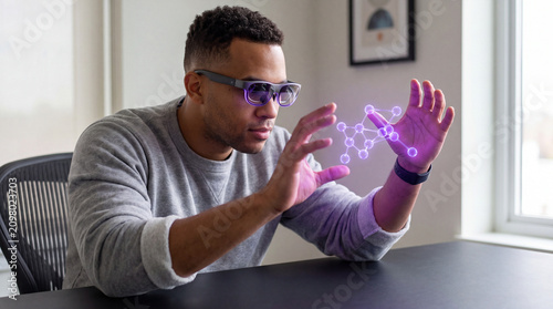 Technology specialist manipulating virtual molecular network through smart glasses