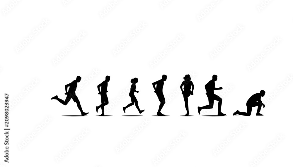 Obraz premium People silhouettes set with sequential motion from standing to kneeling featuring running, action, movement with progression and exercise