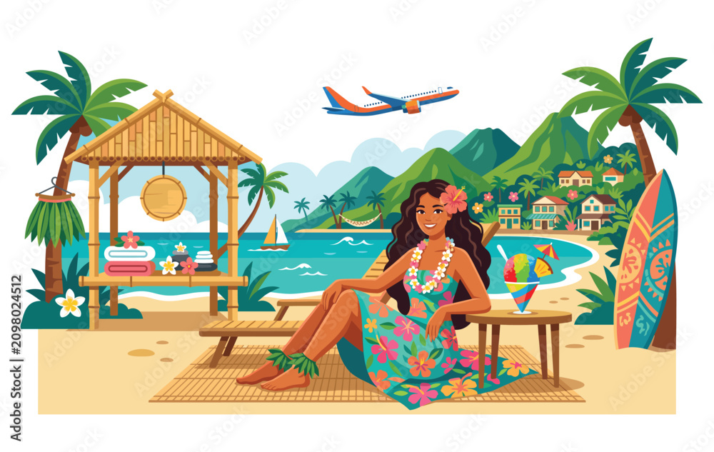 Obraz premium Tropical Paradise Getaway: A vibrant illustration of a woman in traditional Hawaiian attire relaxing on a sandy beach, surrounded by palm trees, lush mountains, and the sparkling blue ocean.