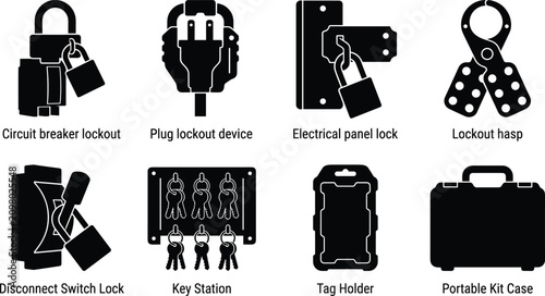 Lockout Tagout Safety Device Silhouette Vector Set for Industrial Electrical Lockout Procedures