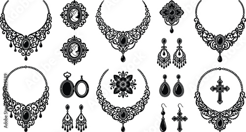 Bild auf Leinwand Vintage jewelry silhouette vector set with ornate necklaces, earrings, and cameo